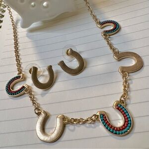 Women’s Western Style Gold Tone Horseshoe Red Teal Beads Necklace & Earring Set